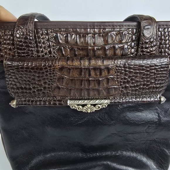 Brighton Croc Embossed Leather Shoulder Bucket Bag Black And Brown Vintage - Picture 6 of 10